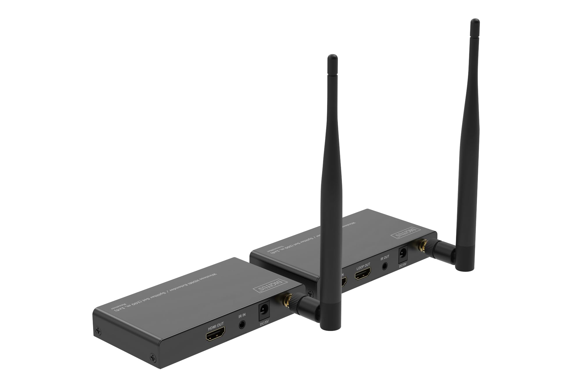 DIGITUS Wireless HDMI Extender Splitter (1x4) – Full HD 1080p 60 Hz | 100 m Reichweite – Set aus Transmitter und Receiver – Loop-Out, IR Infrarot – HDMI 1.4 HDCP 1.3