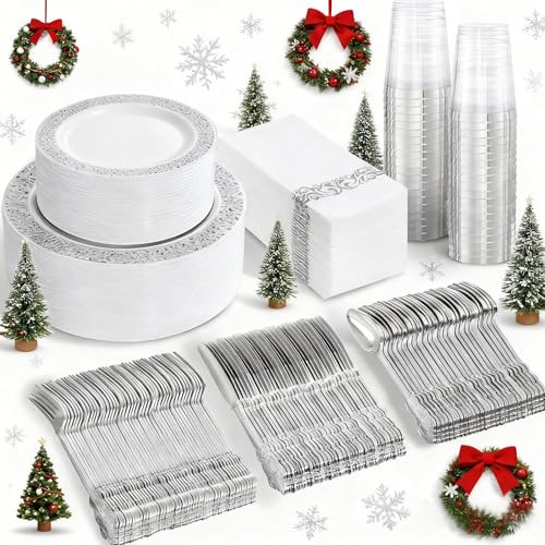 bUCLA 350PCS Silver Plastic Dinnerware Set - Silver Plates Disposable Lace Design for 50 Guests Include 100 Plates,50 Forks,50 Knives,50 Spoons,50Cups,50 Napkins,Ideal for Party,Wedding&Christmas