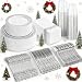 BUCLA 350PCS Silver Plastic Plates with Disposable Plastic Silverware&Hand Napkins, Silver Plastic Dinnerware Lace Design include 100 Plates,50 Forks, 50 Knives, 50 Spoons,50Cups,50 Disposable Napkins