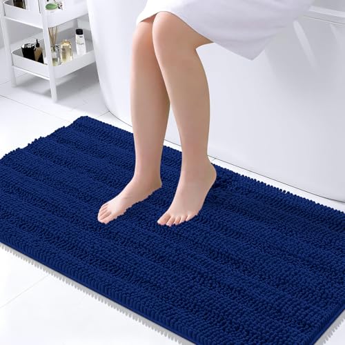 Image of OLANLY Thick Large Bathroom Rugs 45x27, Extra Soft Absorbent Chenille Striped Bath Rugs, Rubber Backing, Machine Wash Dry, Bath Mats for Bathroom Floor, Tub and Shower, Home Decor Accessories, Navy