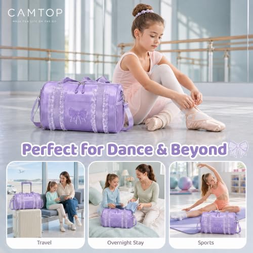 Image of CAMTOP Girls Dance Duffle Bag with Shoe Compartment, Ballet Gymnastics Bag for Girls 4-6, Toddler Travel Overnight Sports Bag with Strap, Cute Ballerina Gift (Purple)