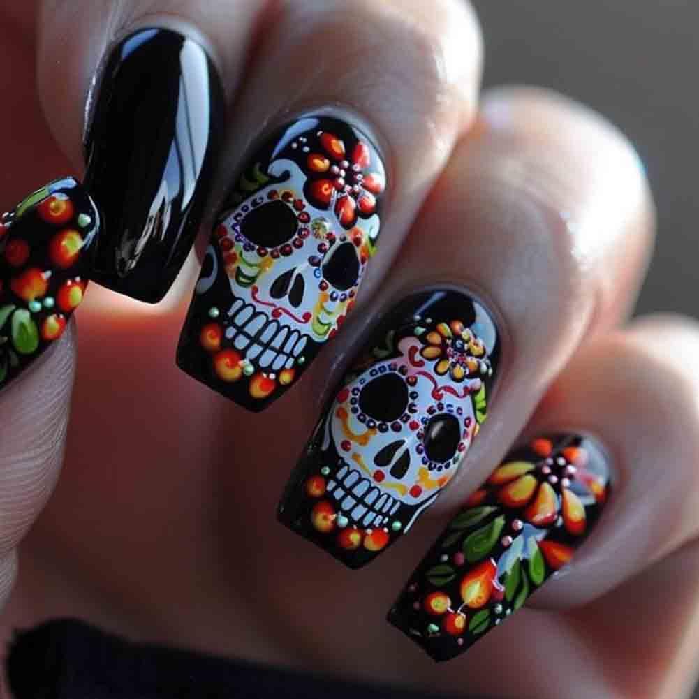Carufin Day of the Dead Sugar Skull Nail Art Designs, Rainbow Pride and Gothic Halloween Nail For Women (C)
