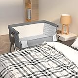 QUAHEAS Babybett mit Matratze Dunkelgrau Leinenstoff, verstellbar in 6 Höhen, mit Aufbewahrungskorb und atmungsaktivem Netzgewebe, Beistellbett für Neugeborenes und Kleinkind