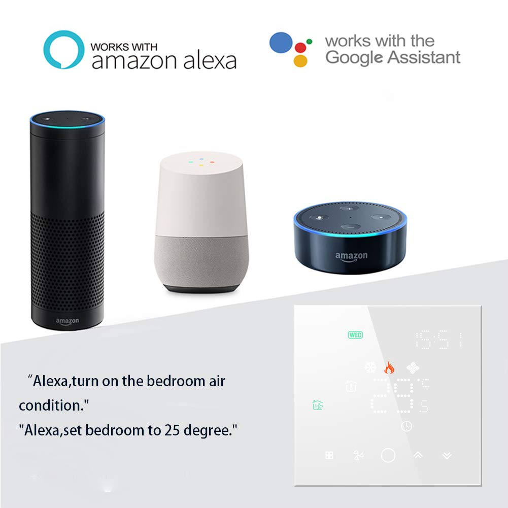 Termostato WiFi Aire Acondicionado, 4 Tubos, Pantalla LCD | Pantalla LED matricial protectora ocular,95~240V AC, compatible Alexa y Google Home