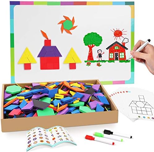 Joy Dynasty 140 Pcs Magnetic Pattern Blocks Set Geometric Manipulative Shape Puzzle Educational Montessori Tangram Learning Toys for Toddlers Kid Ages 4-8 with Magnetic Board