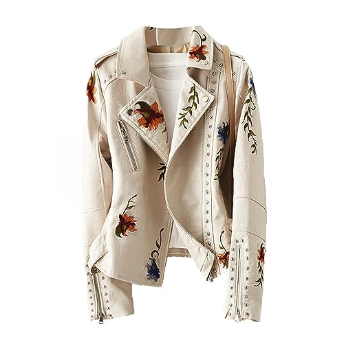 Dninmim Women's Print Embroidery Leather Jacket Floral Faux Soft Coat Turndown Collar Pu Outerwear