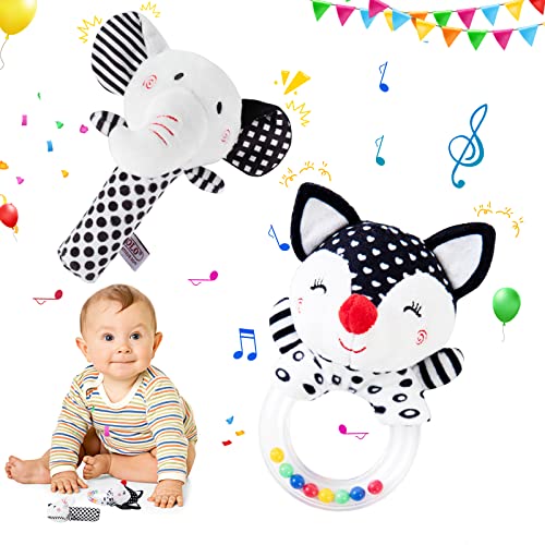 Image of Baby Rattles 0-6 Months,Soft Rattles for Babies 0-6 Months Newborn Sensory Toys, Black and White Baby Toys Plush Stuffed Rattle Toy for Infant Boys Girls Shower Gift (2PCS)