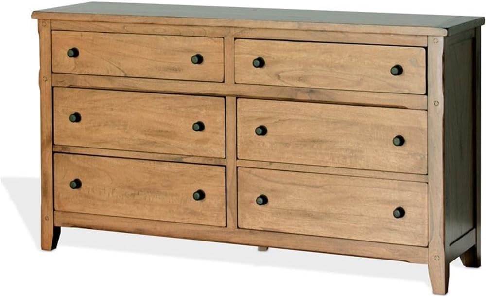 Pemberly Row Petite Traditional Wood Double Dresser, 64" Wide, Rustic Oak Finish, 6 Large Storage Drawers, Full Extension Ball Bearing Glides, Bedroom Furniture for Clothing Organization