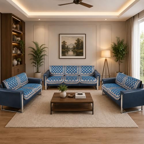 Image of Premium Chenille Woven Anti-Slip 7 Seater Sofa Cover | L-Shape Sofa Seat Protector for Living Room | Durable & Stylish Slipcover - Turquoise - Floral