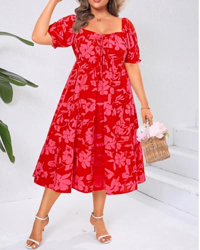 Image of Plus Size Summer Dresses - Sweetheart Neck Drawstring Puff Sleeve Casual Tiered Aline Flowy Midi Dress
