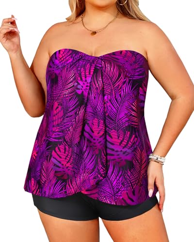 Image of Plus Size Bandeau Tankini 2 Piece Halter Swimsuit with Shorts | Flyaway,Quick Dry,Strapless,Removable Cups,High Waisted Short
