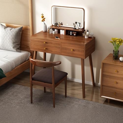 Tcrciuk メイクアップ化粧台セット ドレッサーデスク 照明付きミラー付き 明るさ調節可能 化粧台デスク 引き出し3個と棚付き スツール付き (100*40*135cm,ウォールナット色)