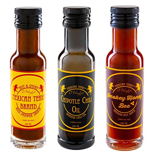 Mexican Tears® - 3 Pack, Hot Chili Sauce & Chili Oil Gift Set Made with Chipotles (Smoked jalapeño Chili), Fleur de Sel (Premium sea Salt), Sunflower Oil with Honey Vinegar [3x100ml Chilli Sauce]