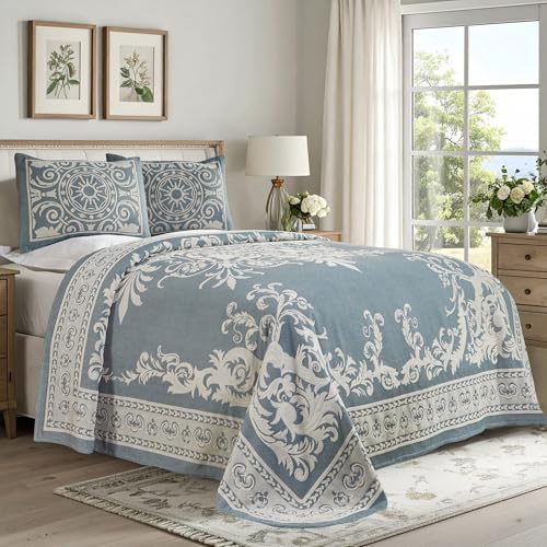 Colcha jacquard azul cerúleo de matrimonio con dos fundas de almohada 3