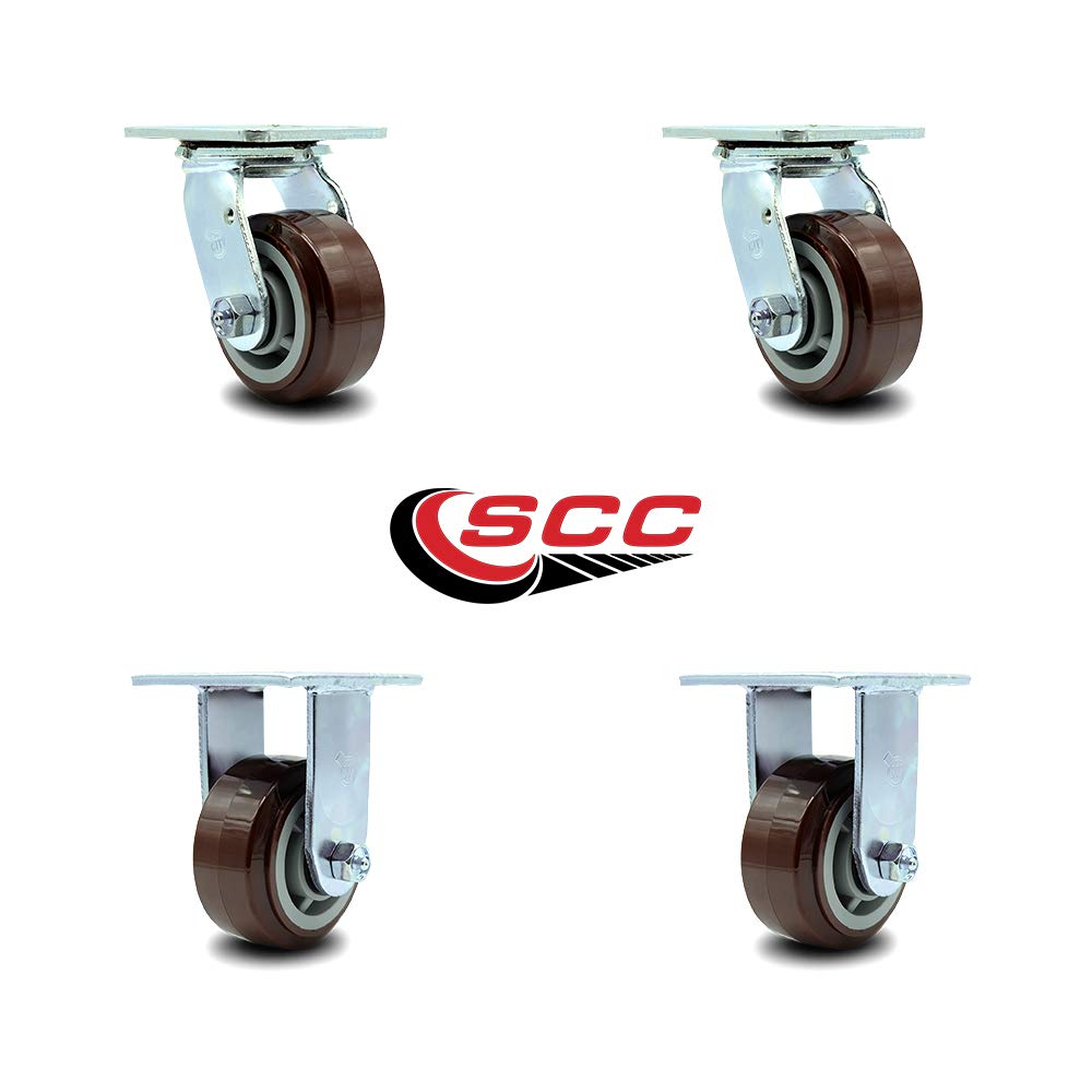 Heavy Duty Swivel Caster Set of 4 with 4 Inch Polyurethane Wheels and Ball Bearings - Includes 2 Swivel and 2 Rigid - 2,400 lbs. Total Capacity - Service Caster Brand