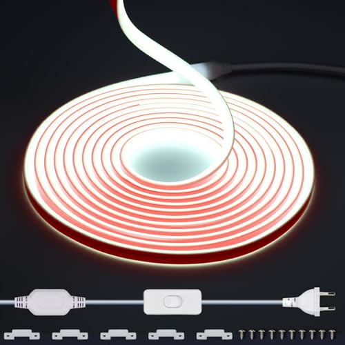 220V Ruban LED COB Exterieur Etanche 5M, 288 Leds/m Strip Blanc Froid 6000K sans Transformateur, Flexible Découpable Bande LED avec interrupteur IP65 pour la décoration intérieure, Chambre, la cuisine