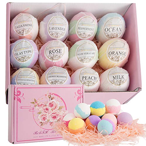 MACOODEE Bath Bombs Gift Set for Women & Kids, 12 Pcs Natural & Organic Bath Fizzies Spa Kit with Rich Bubbles, Colors for Stress Relief (12 Gift Set)