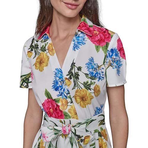Image of Karl Lagerfeld Women's Short Sleeve Surplice Neck Faux Wrap Belted Mini Dress