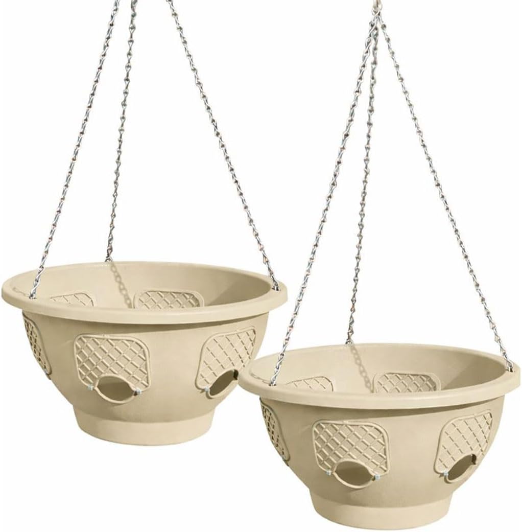 Ultimate Hanging Basket Strawberry & Flower Planter – 6 Side Planting Spaces, Drainage Hole, 1” Water Reservoir, Zinc-Plated Chain Included, Made in the USA (Desert Sand)