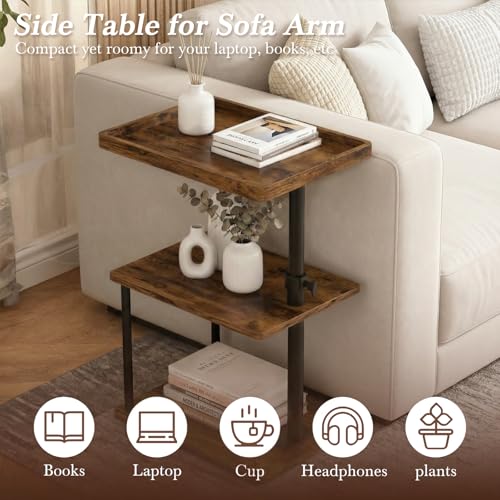 Image of Faesun C Table End Table Adjustable Height, 360Swivel TV Tray Table for Small Spaces, Small Nightstand for Living Room, Bedroom, Rustic