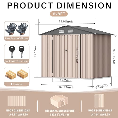 Outdoor Metal Sheds 6x8, Outdoor Storage Shed Metal Garden Tool Shed for Backyard, Utility Sheds Buildings with Air Vent
