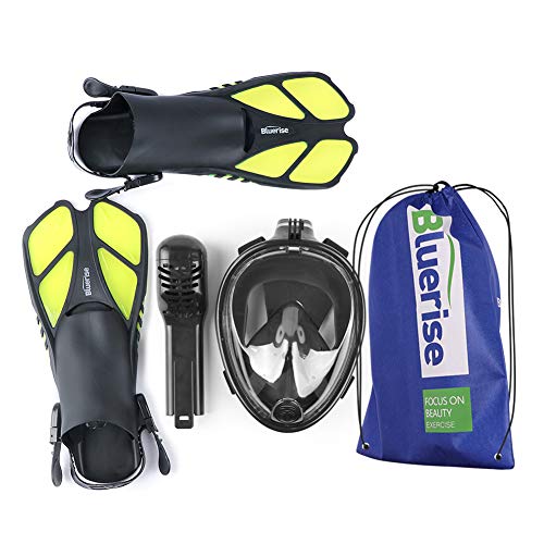 BLUERISE Snorkel Set Antifog Adult Full Face Diving Mask with Adjustable Swim Fins Anti-Leak Snorkeling Scuba Gear Snorkel Mask for Kids Diving Fins