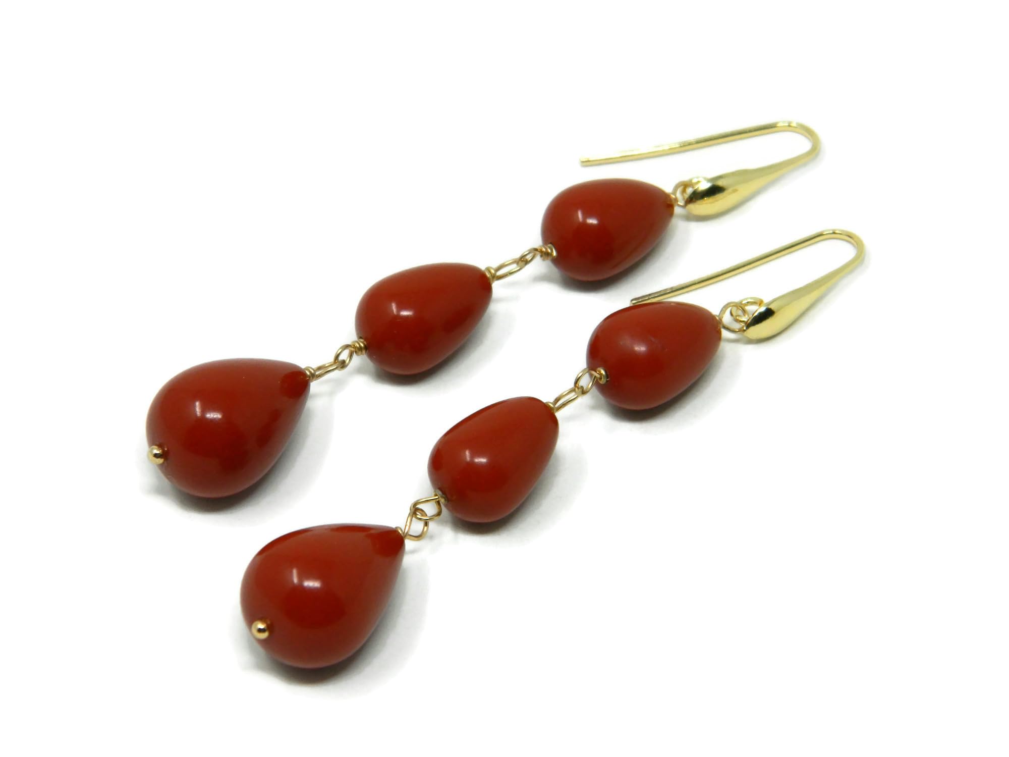 Orecchini Pendenti in Pasta di Corallo Rosso Sardegna, 3 Gocce, Argento 925 Placcato Oro, 8,5 cm, DodiGioielli