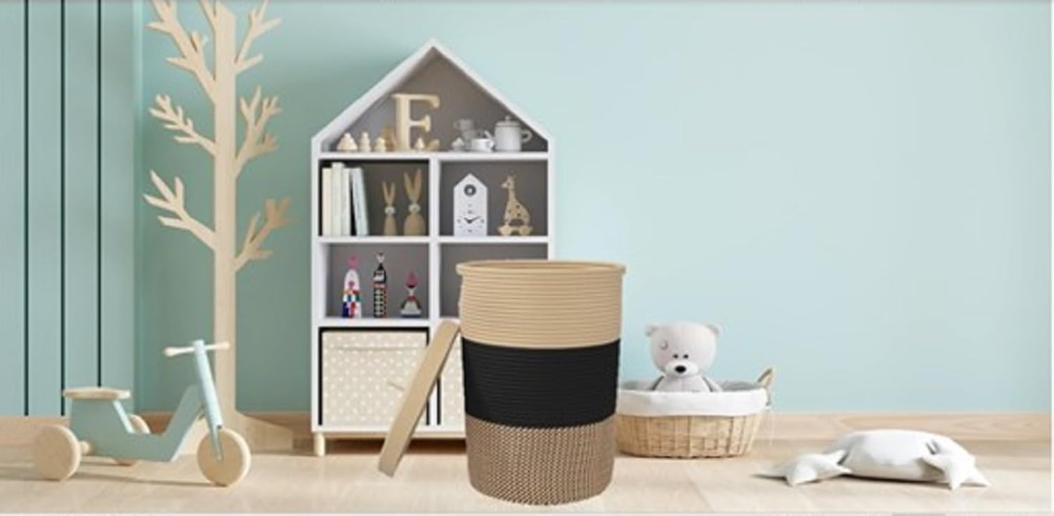 Large Cotton Rope Decorative Storage Basket with Lid, 14.57 x 19.69 inchs Bin Tall Woven Collapsible Laundry Hamper with Sturdy Handles Foldable Organizer for Blankets Clothes Towels Black Brown Beige