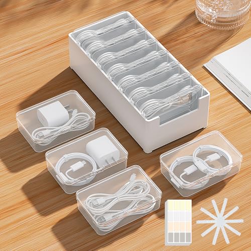 7 Case Cable Storage Box with Cable Straps and Label Stickers, Travel Cord Organizer for Charging...