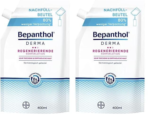 Bepanthol DERMA Regenerierende Körperlotion, Körperpflege für empfindliche und sehr trockene Haut, dermatologisch getestete Feuchtigkeitscreme mit Dexpanthenol, 400 ml Nachfüllbeutel (Packung mit 2)