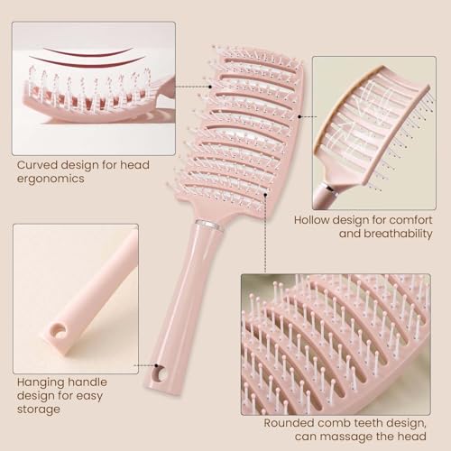 Image of Homeaura Detangler Hair Brush - Curved & Vented Hair Brush for Women & Men | Detangling Hair Comb for All Hair Types - Wet, Dry & Damaged Hair | Blow Drying, Styling and Scalp Massage (Pink)