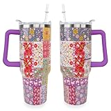Sunmdecor Women Tumbler with Handle and Silicone Straws - 40 Oz Flower Cups Insulated Tumbler - Mother's Day Nice Gift for Mom, Grandma