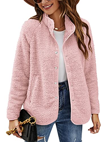 Micoson Fashion Open Front Fuzzy Fleece Cardigan Button Down Oversized Winter Warm Coat Pink M