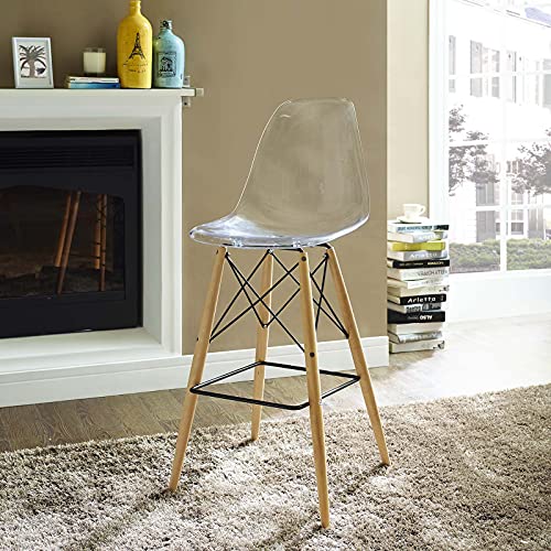 Modway Pyramid Mid-Century Modern Bar Stool With Natural Wood Legs In Clear #TOP1
