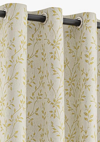 Image of Yellow Weaves 1 Pc Jacquard Leaf Eyelet Long Door Curtain - Perfect for Home, Office, Bedroom, Living Room & Balcony - 7 Feet (Golden)