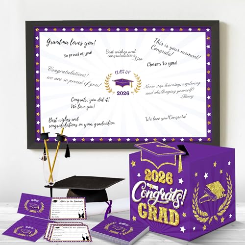 Image of Graduation Decorations Purple and Gold 2026 - Giant Guest Book Alternative,Graduation Cards Box with 36PCS Advice Cards,Signature Board Congrats Grad Decorations Supplies 2026