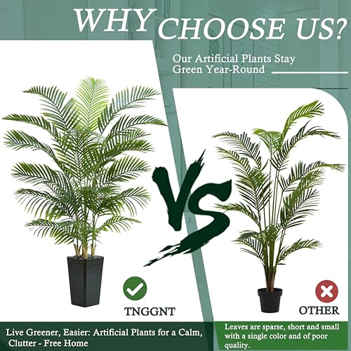 Image of Artificial Palm Tree:6FT Tall Fake Areca Palm Plant (Black Planter)