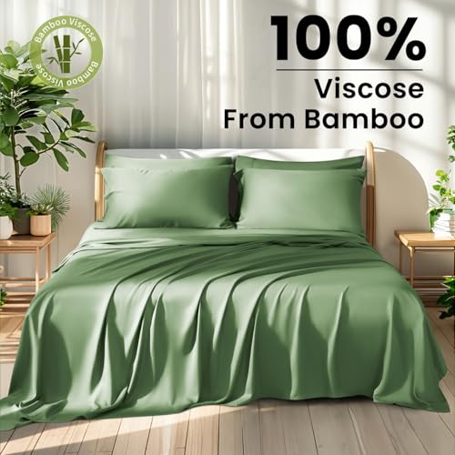 Shilucheng 100% Viscose Derived from Bamboo_ Sheets Queen Size 6pcs - Ultra Cooling & Silky Soft Bed Sheets, 16" Deep Pocket, Perfect for Hot Sleepers, Hotel Bedding Sheets (Olive)