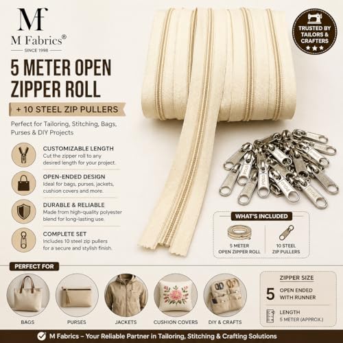 Image of M Fabrics 5 Meters Open Zipper with 10 Steel Zip Puller in Meter for Tailoring, Stitching, Bags and Purse (Open Ended Zip) - (5 Meter Roll + 10 Steel Zips Runner) - (Cream)