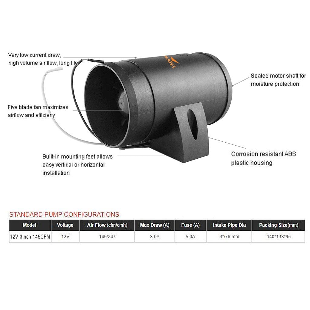 Ventilateur Silencieux en Ligne SEAFLO 12V DC 145CFM Marine pour Tuyaux de 76 mm
