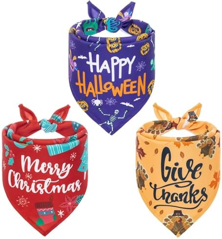 PAWCHIE Dog Bandanas for Christmas - 3 Pack Holiday Dog Bandanas Adjustable Soft Pet Triangle Scarf with Festival Element Patterns for Small Medium Large Dogs