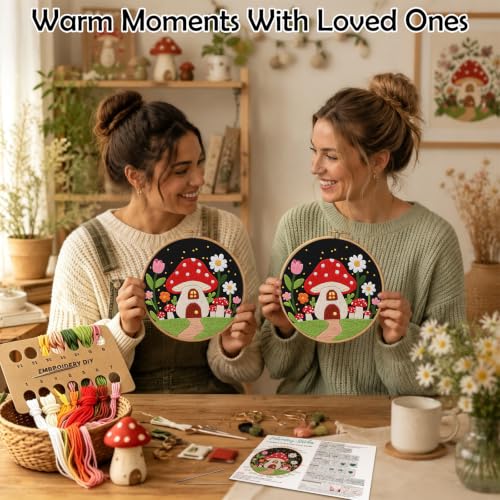 Image of Louise Maelys Mushroom Cottage Embroidery Kit for Adults with Complete Tool