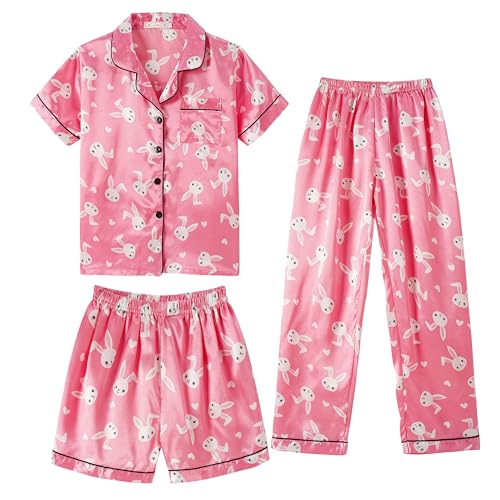 Hupohoi Unisex Girls Boys Kids Pajama Sets Button Down Satin Sleepwear Nighty 3PCS Silky Lounge Sets Nightwear Short Sleeve Long Pants 3pcs-Pink Bunny 10