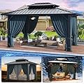 HOTEEL 10x12 Hardtop Gazebo Hot Tub Gazebo with Flame-Retardant Curtain Netting, Heavy Duty Pavilion with Galvanized Steel Double Roof, Aluminum Frame Outdoor Canopy for Patio and Party (Upgraded 3.0)