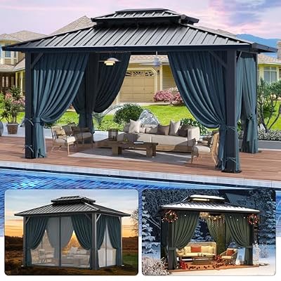 HOTEEL 10x12 Hardtop Gazebo Hot Tub Gazebo with Flame-Retardant Curtain Netting, Heavy Duty Pavilion with Galvanized Steel Double Roof, Aluminum Frame Outdoor Canopy for Patio and Party (Upgraded 3.0)