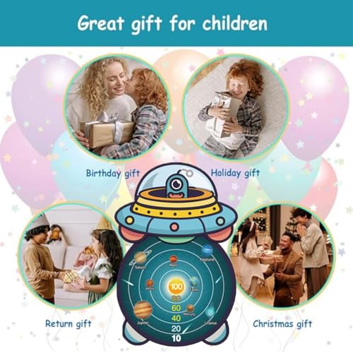 Image of Amazon Brand - Jam & Honey Dart Game for Kids Indoor & Outdoor Sports Game Target Toy Sets - Fabric Dart Board with 5 Sticky Velcro Balls and 3 Darts and 1 Hanger - Children's Toys Gifts (Spaceship)