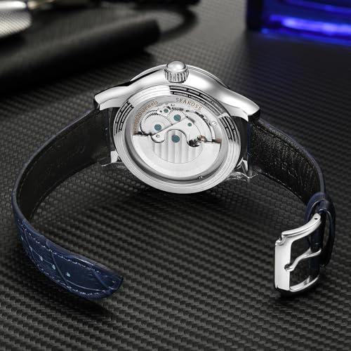 Image of SEAKOSS Luxury Automatic Mechanical Watch for Men, 47mm Skeleton Dress Watch with Dual Hemisphere Dial, Self Winding Movement, Genuine Leather Strap, 5ATM Waterproof