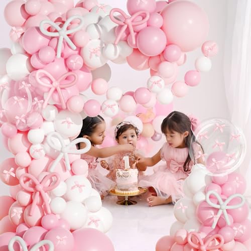 Image of Pink Bow Balloons Arch Kit,JOGAMS 199Pcs Coquette Balloons Garland with 260 Clear Balloons Pink Ribbon Bow for Bow Coquette Birthday Decorations Bachelorette Baby Shower Bridal Shower