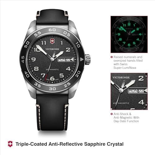 Image of Victorinox Swiss Army | Swiss Made Men's Watch, 42 mm, 100M Water Resistant, Anti-Shock & Antimagnetic | Black Dial, Stainless Steel Case, Black Leather Strap, Ronda 517 Quartz Movement | 242041
