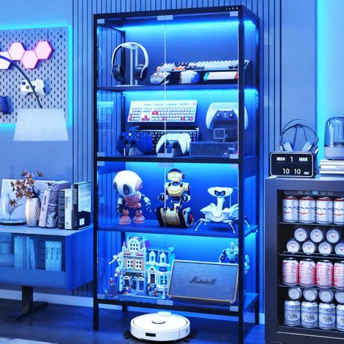 4-Tier Glass Display Cabinet with 5 Color Lights, Curio Cabinet with 4 Tempered Glass Doors and Adjustable Shelves, Display Case with Human Body Sensor, Living Room, Black (32" W x 16" D x 65" H)